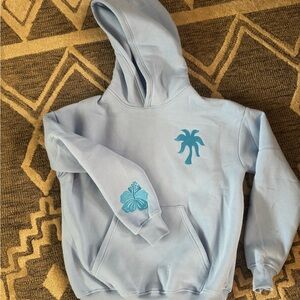 Women's Light Blue Hoodie with Palm and Hibiscus